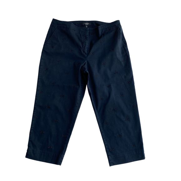 Talbots Women's Cropped Pants 16 Navy Embroidered Dragonflies Straight Leg - Picture 1 of 7